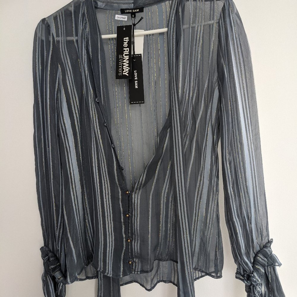 Love Sam Blue and Gold Pussy Bow Blouse